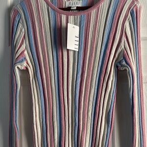 ELLE Women's Long Sleeve Top Pink Blue White Grey Stripes Size M NWT